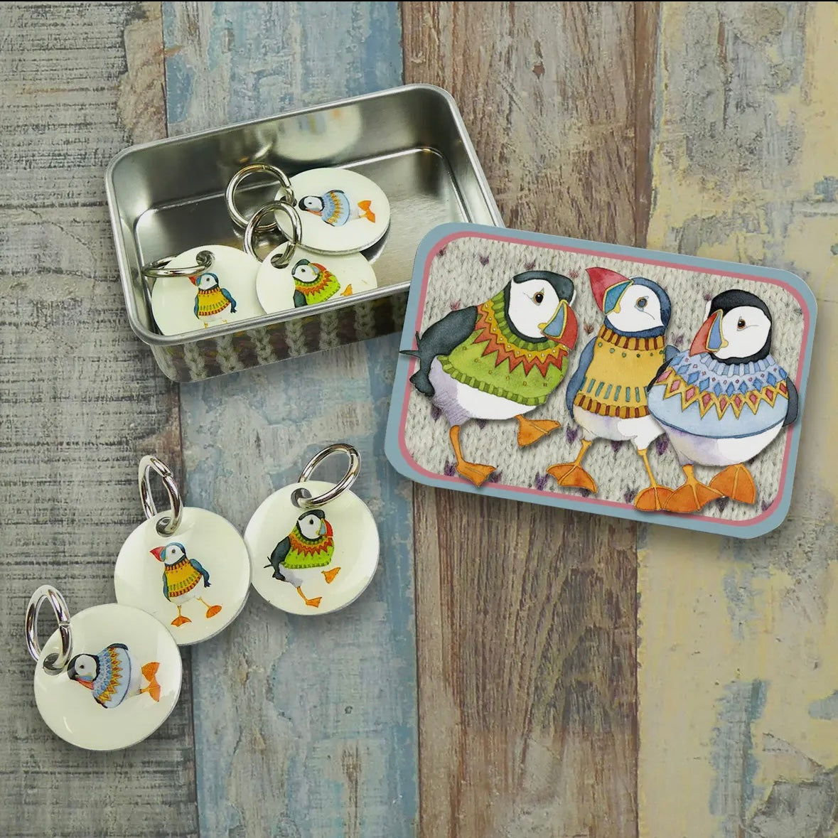 WOOLLY PUFFINS II STITCH MARKERS IN A POCKET TIN - EMMA BALL