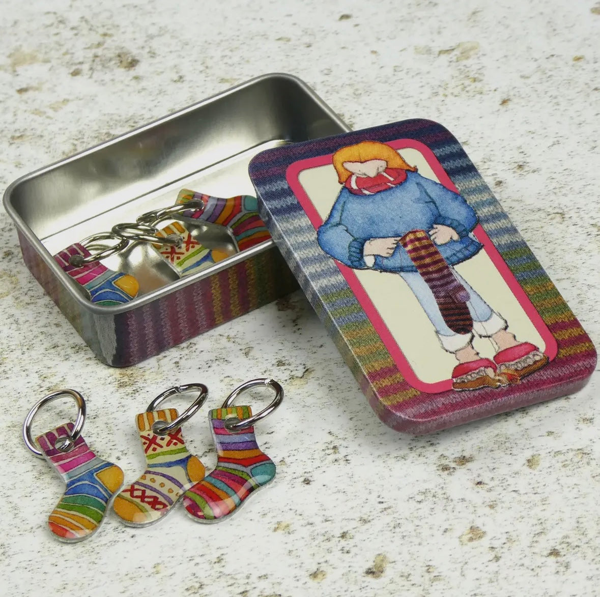 SOCKS STITCH MARKERS IN A POCKET TIN - EMMA BALL