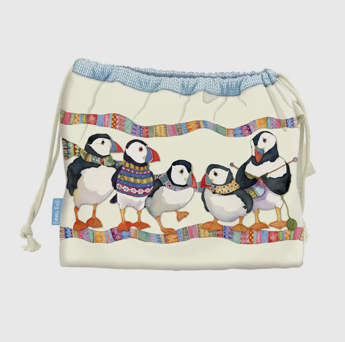 KNITTING PUFFINS DRAWSTRING BAG-EMMA BALL