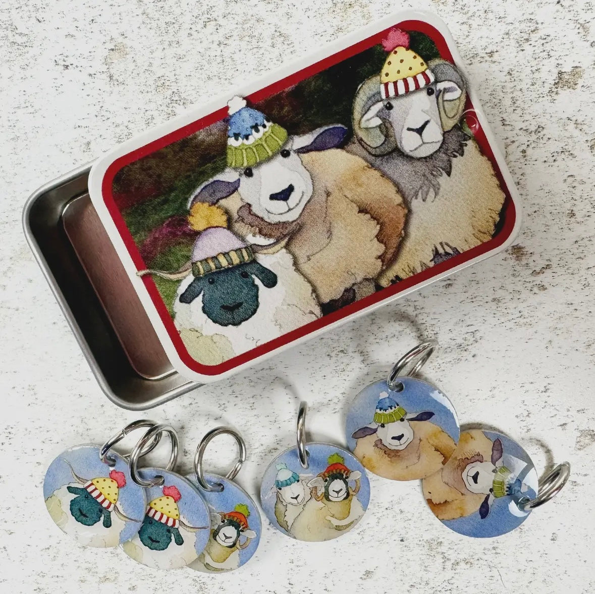 HAPPY SHEEP STITCH MARKERS IN A POCKET TIN - EMMA BALL