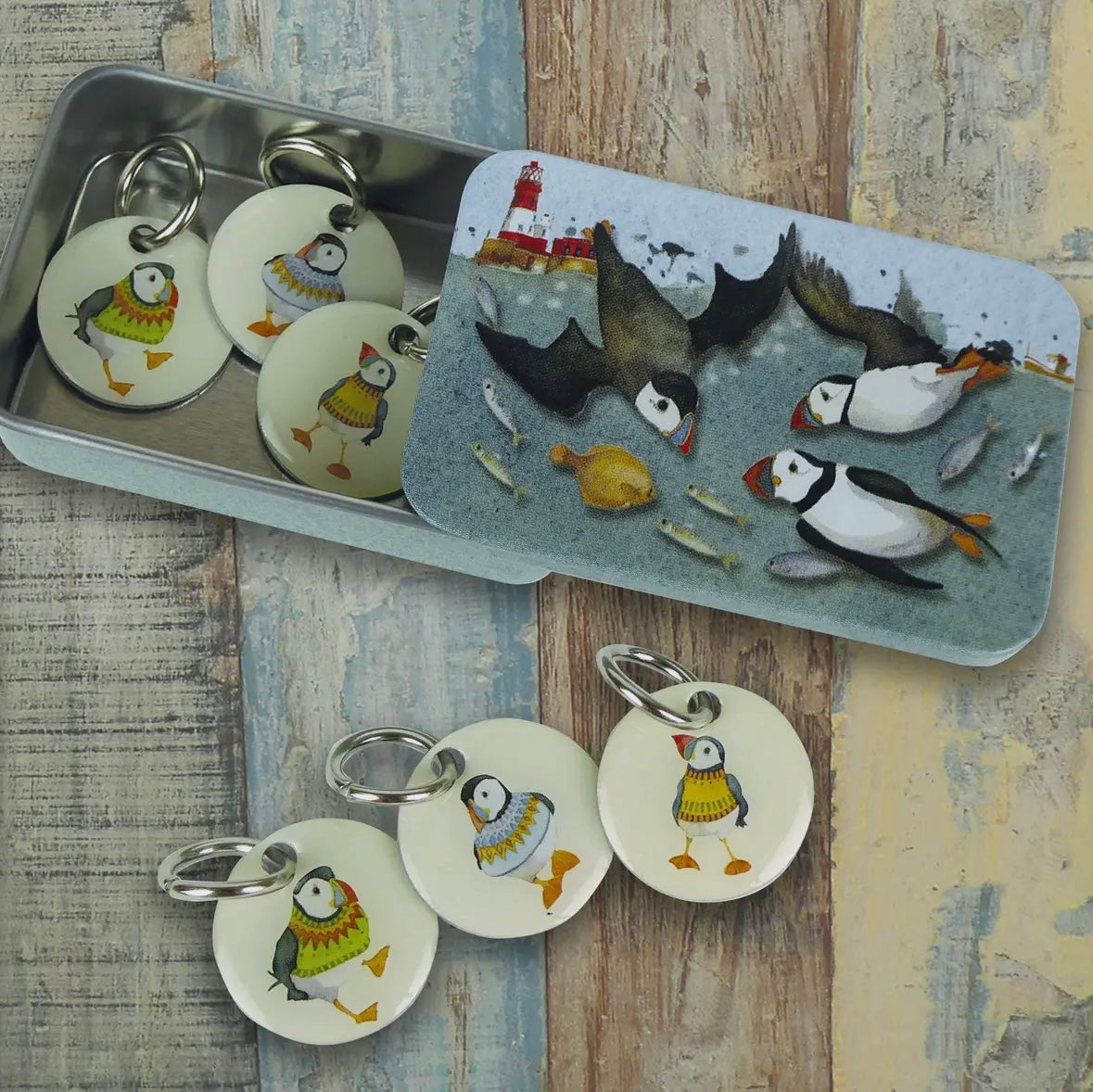 DIVING PUFFINS STITCH MARKERS IN A POCKET TIN - EMMA BALL