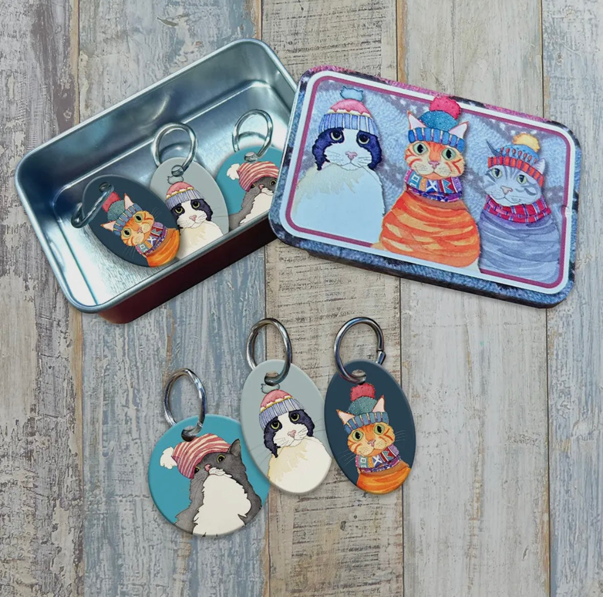 CATS IN HATS STITCH MARKERS IN A POCKET TIN - EMMA BALL